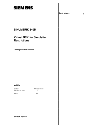 Sinumerik 840D Virtual NCK for Simulation Restrictions