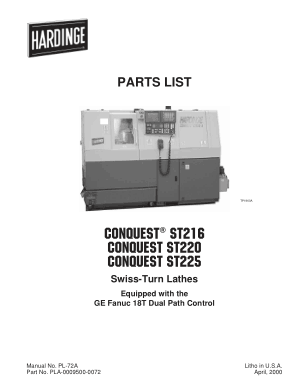 Hardinge CONQUEST ST216 Parts List - Swiss Turn Lathes GE Fanuc 18T Dual Path Control