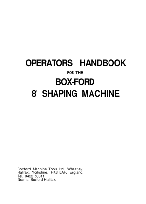 BOXFORD 8 Inch Shaper Operators Handbook