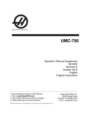 Haas UMC-750 Operator Manual Supplement