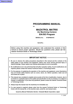 Programming Manual for MAZATROL MATRIX (for Machining Centers) EIA/ISO Program