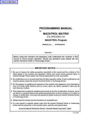 Programming Manual for MAZATROL MATRIX (For INTEGREX IV) MAZATROL Program