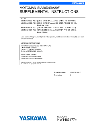 Yaskawa MOTOMAN-SIA20D SIA20F SUPPLEMENTAL INSTRUCTIONS