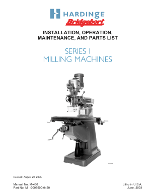 Hardinge Series I Mill Machines Installation Maintenance Parts List