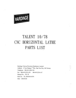 Hardinge TALENT 10 78 CNC Horizontal Lathe Parts List