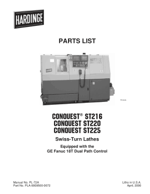 Hardinge CONQUEST ST216 Parts List – Swiss Turn Lathes GE Fanuc 18T Dual Path Control