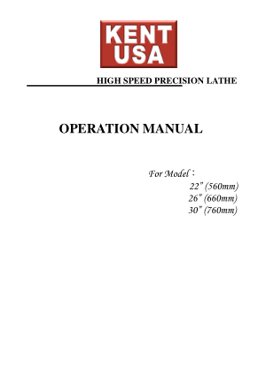 Kent USA HW Series  Precision Lathe Operation Manual