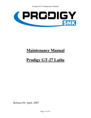 PRODIGY GT-27 Lathe Maintenance Manual