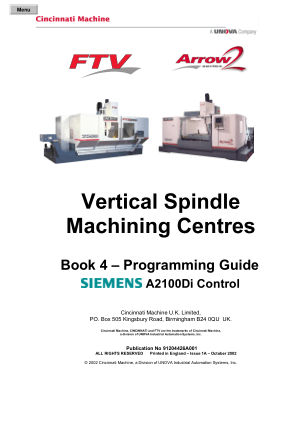 Cincinnati Vertical Spindle Machining Centres Programming Guide Siemens A2100Di Control