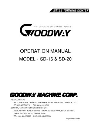 ﻿Goodway SD-16 & SD-20 Swiss Turning Center Operation Manual