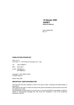 OSAI 10 Series CNC ASSET Reference Manual Rev 07