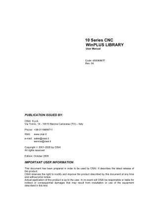 OSAI 10 Series CNC WinPLUS LIBRARY User Manual Rev 04