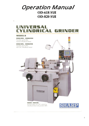 Sharp Universal Cylindrical Grinder OD-820 Operation Manual